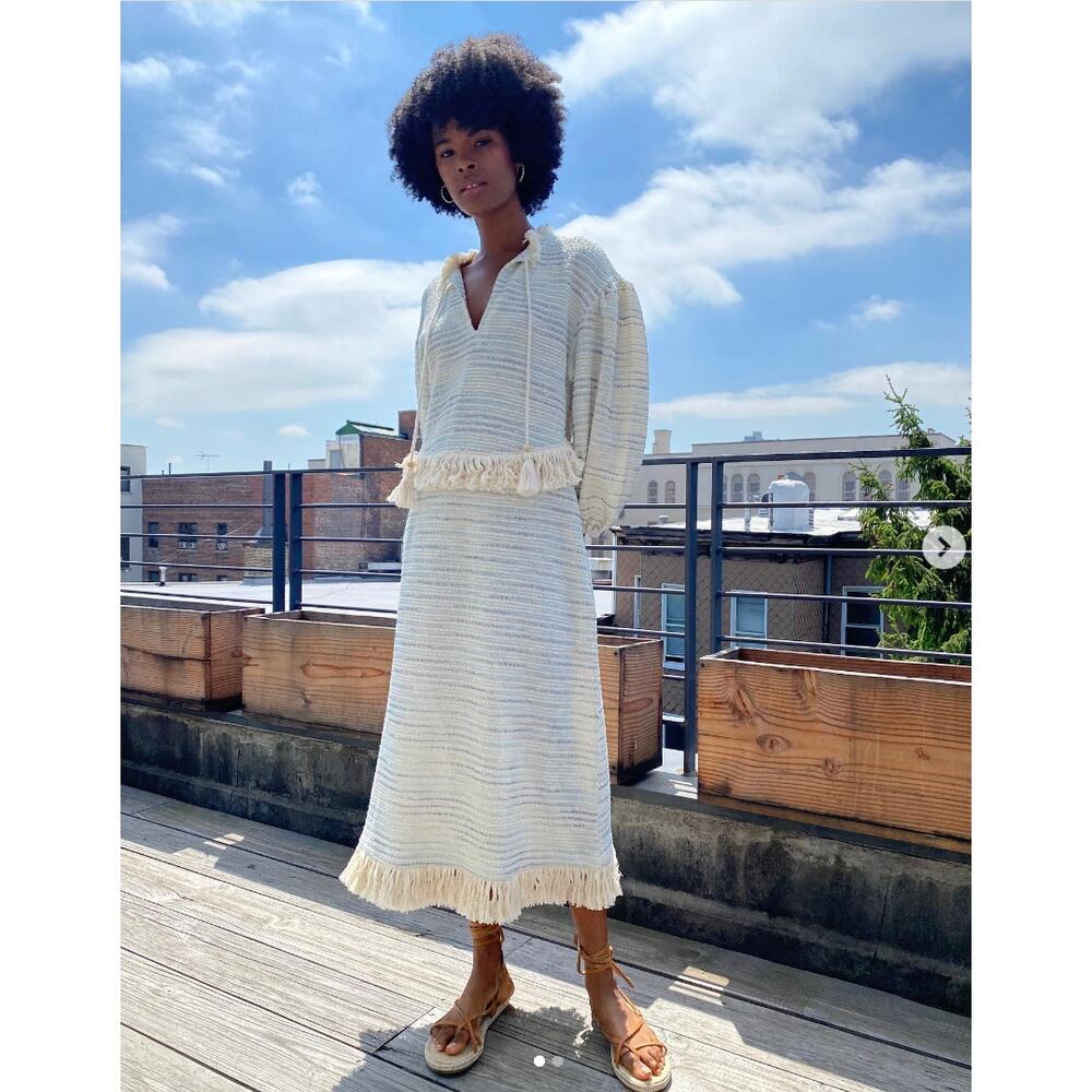 Something Navy Piper Fringe Dress Boho Tasseled Knitted Midi Cream Medium